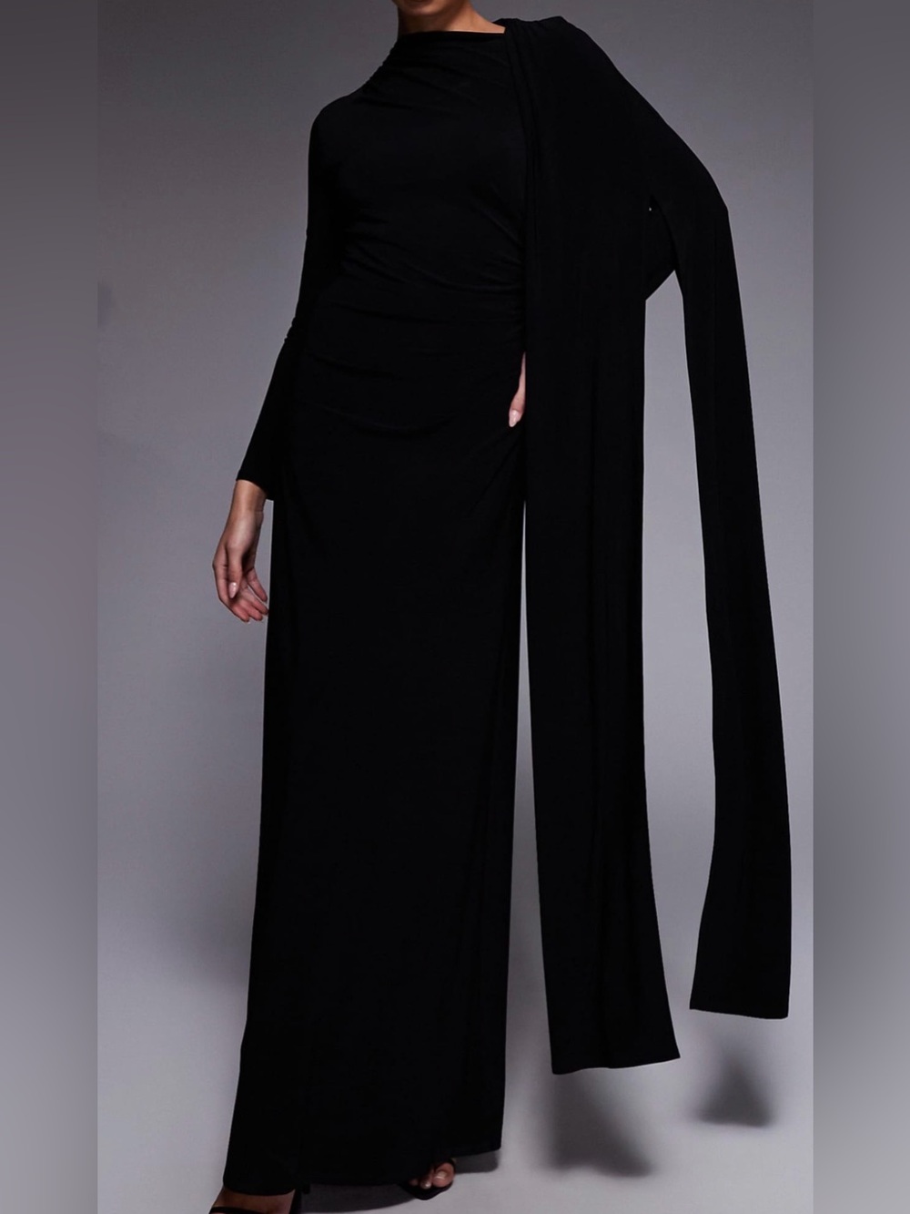 Women's Black Maxi Dress With One Shoulder Cape